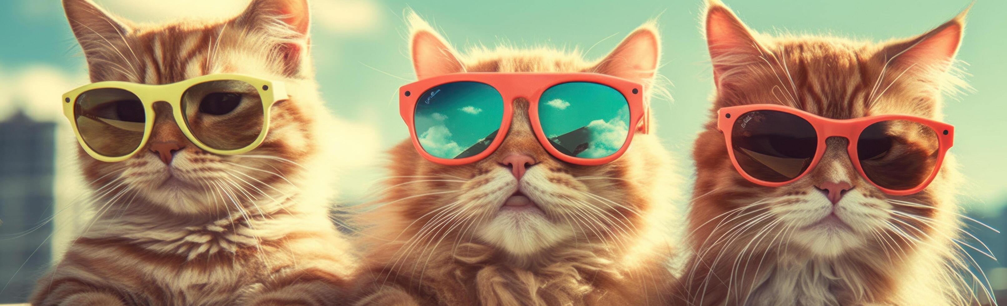 Tres frio gatos en Gafas de sol. ilustración ai generativo foto