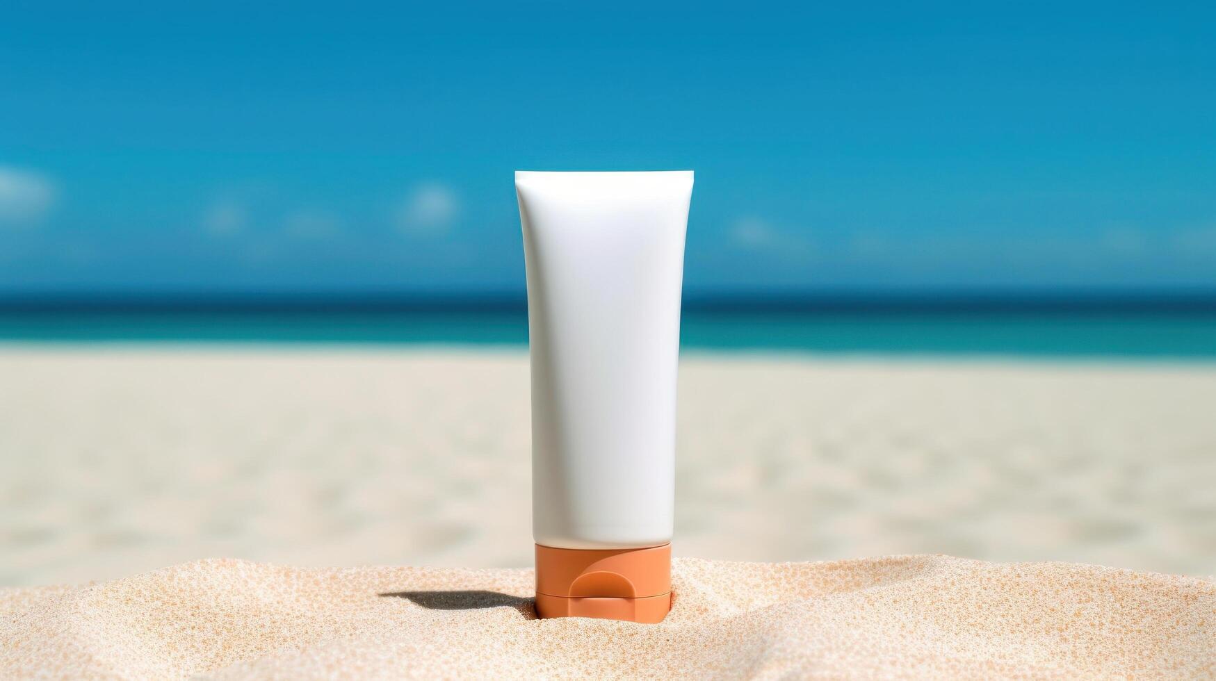 Blank sunscreen cream on the beach. Illustration photo
