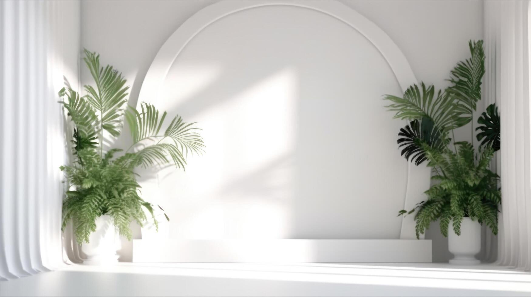 White empty studio with plants background. Illustration photo