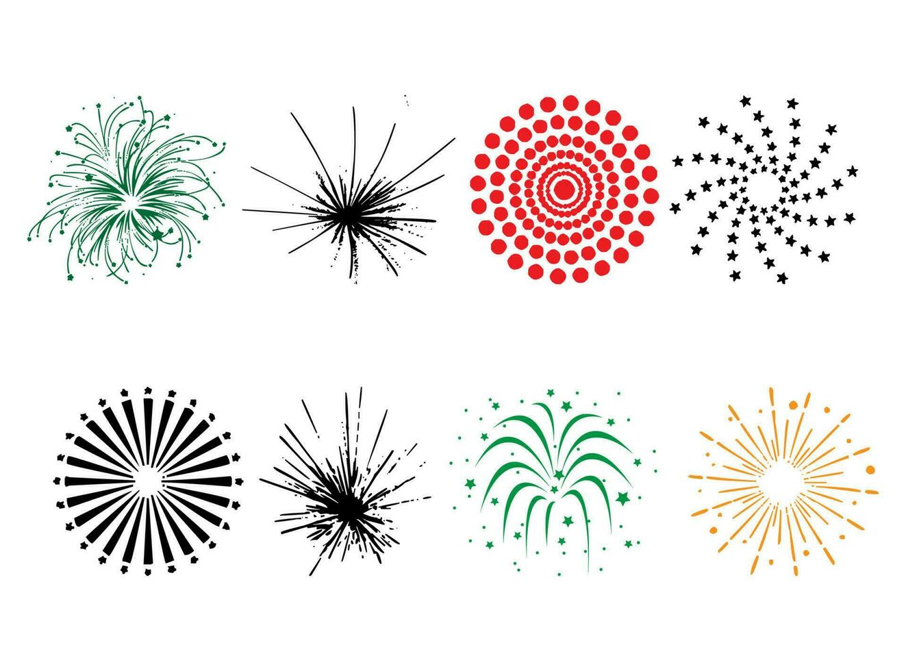 Fireworks and stars. Fireworks set, design element for holidays, celebration party, anniversary. Colorful modern explosion vector illustration.