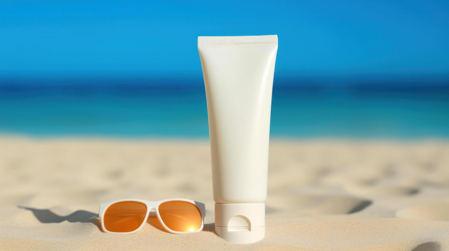 Blank sunscreen cream on the beach. Illustration photo