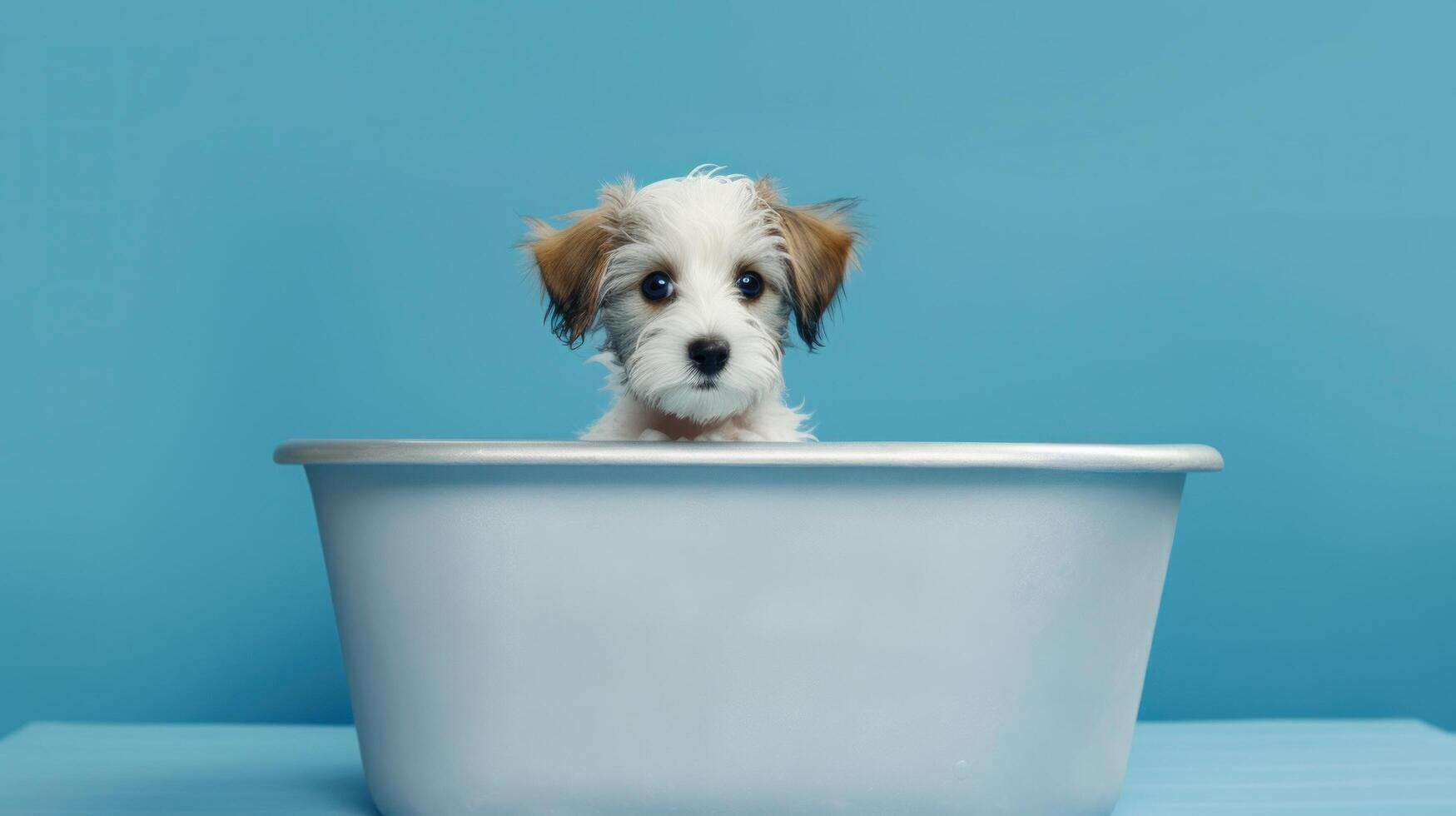 Cute little puppy in bathroom. Illustration photo