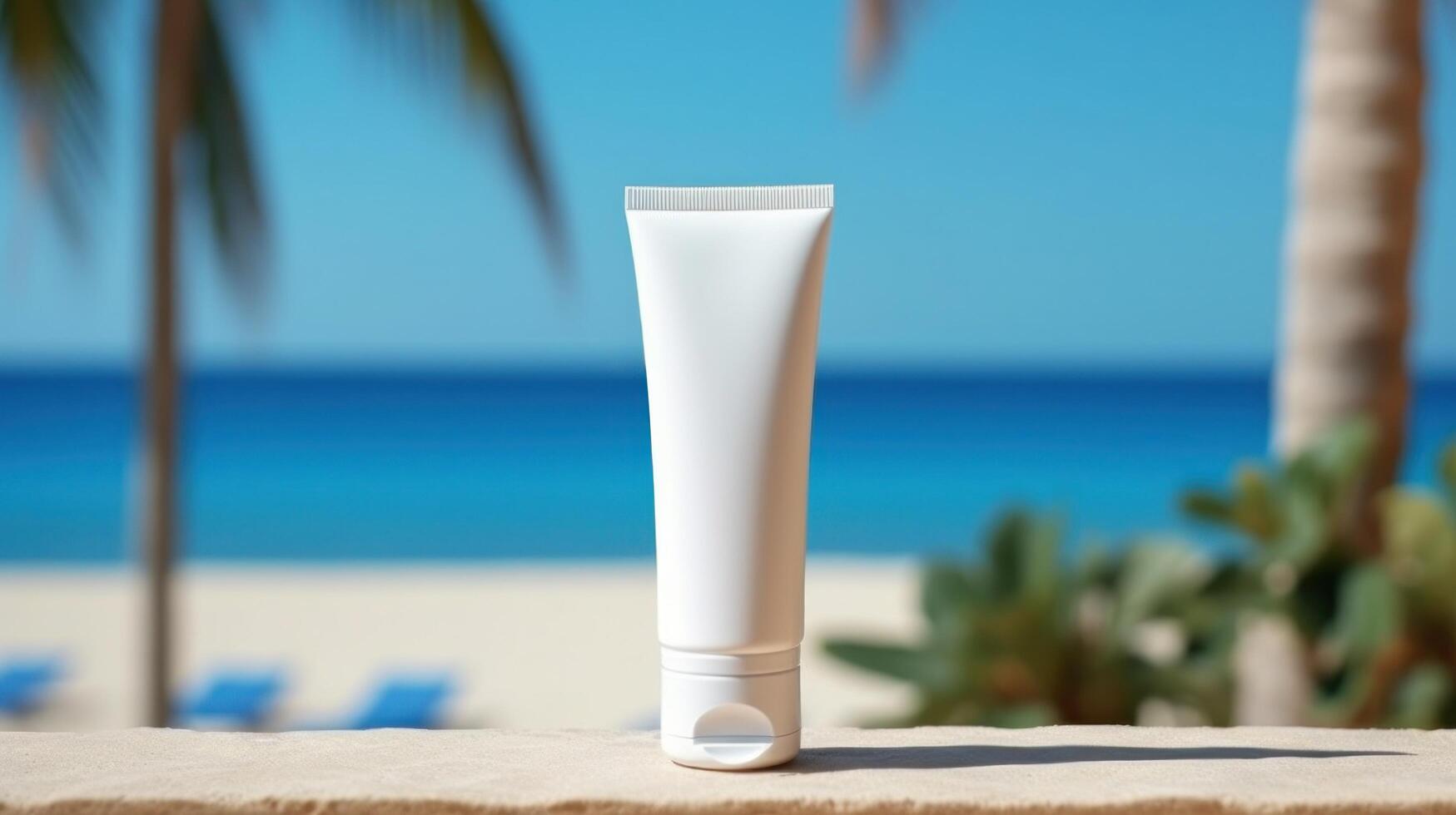 Blank sunscreen cream on the beach. Illustration photo