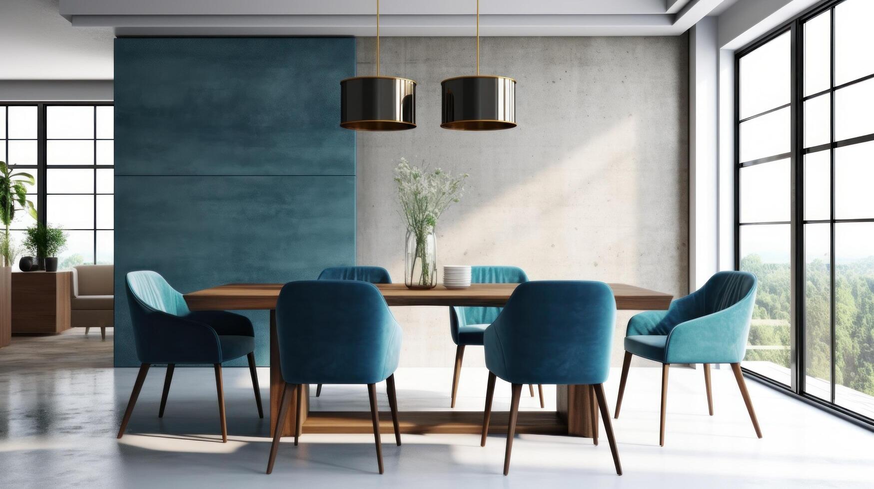 Modern interior of dinning room with blue chairs. Illustration photo