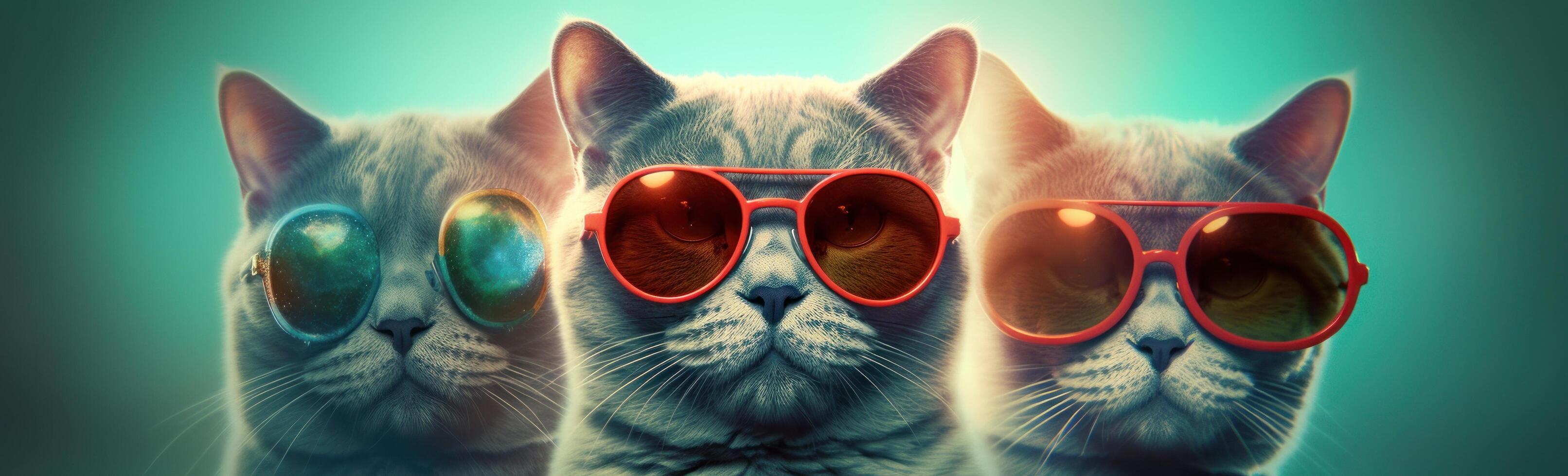 Tres frio gatos en Gafas de sol. ilustración ai generativo foto