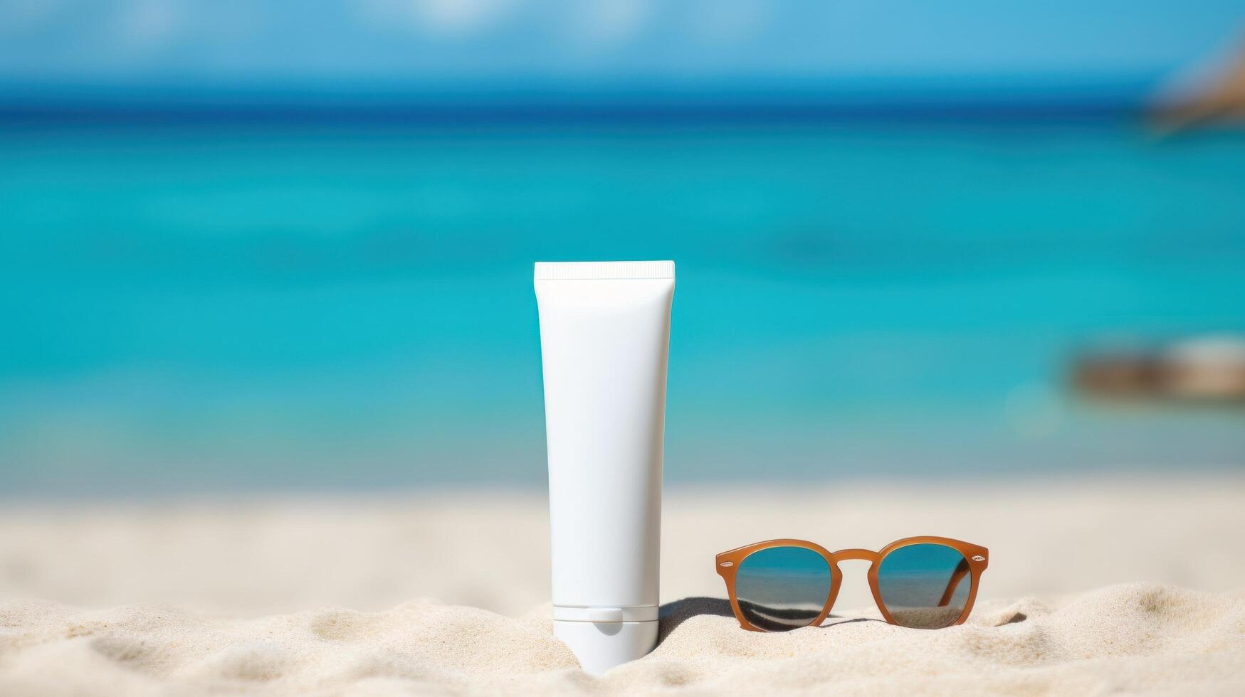 Blank sunscreen cream on the beach. Illustration photo