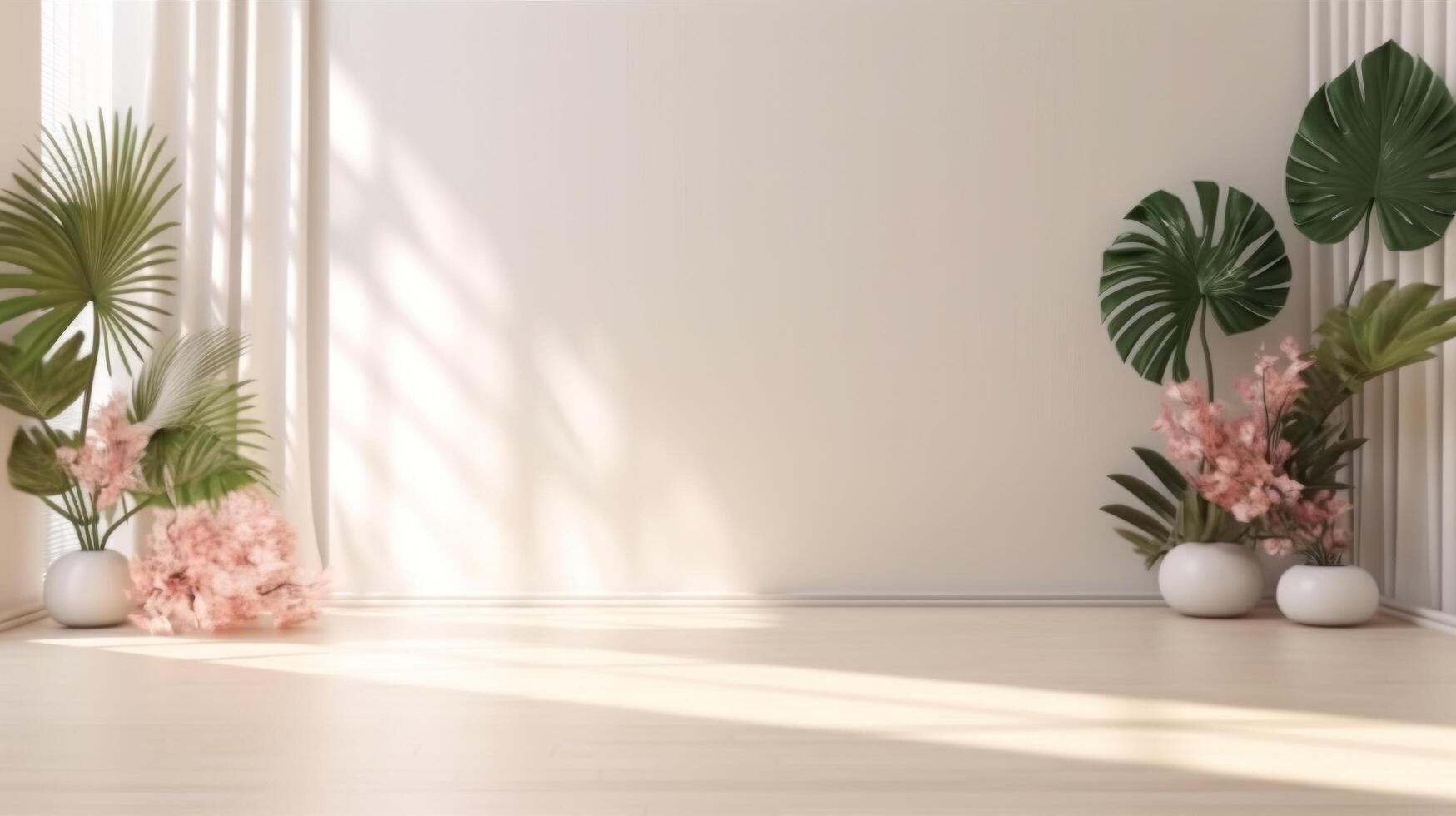 White empty studio with plants background. Illustration photo