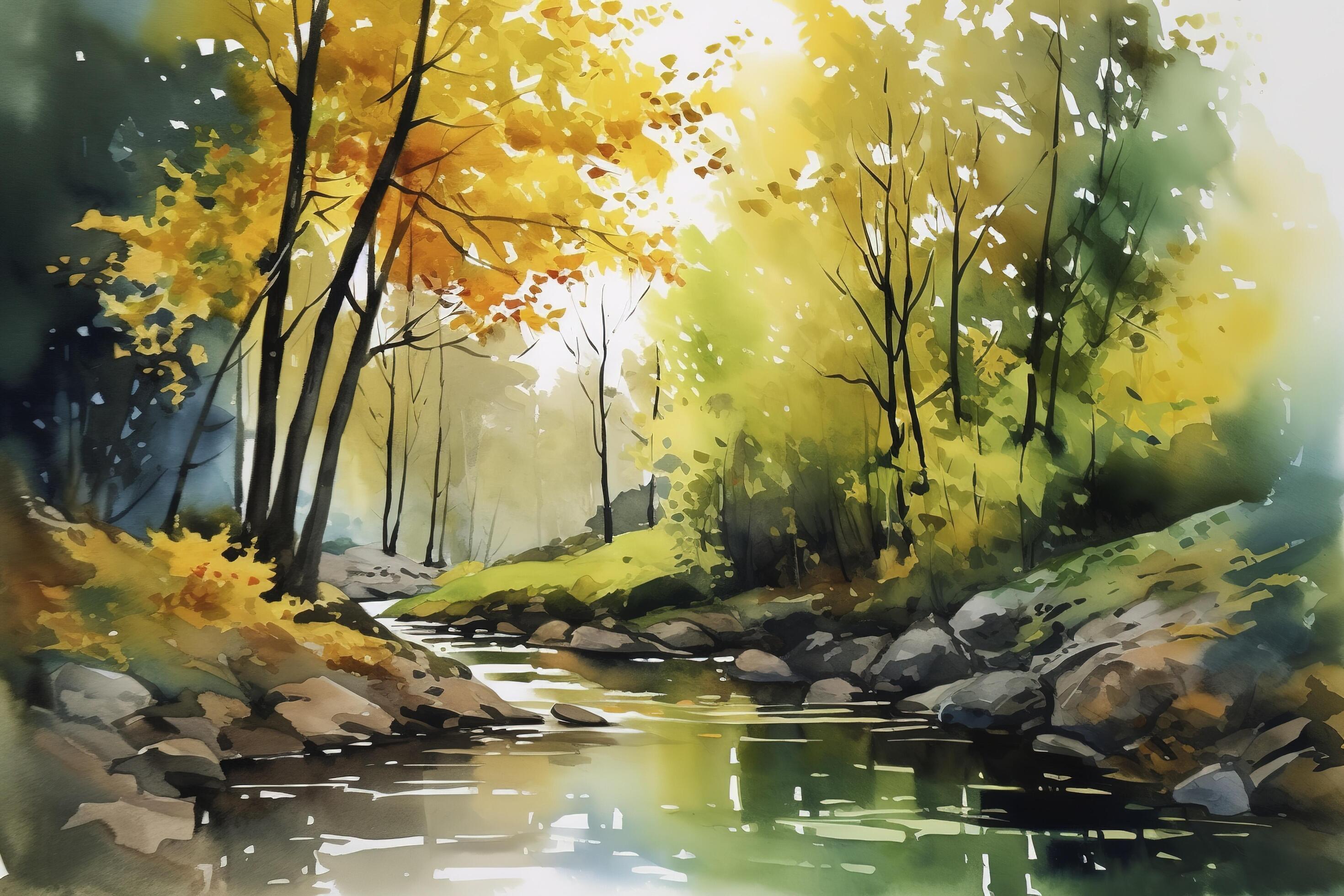 Paint a watercolor landscape of a forest with a winding stream or river