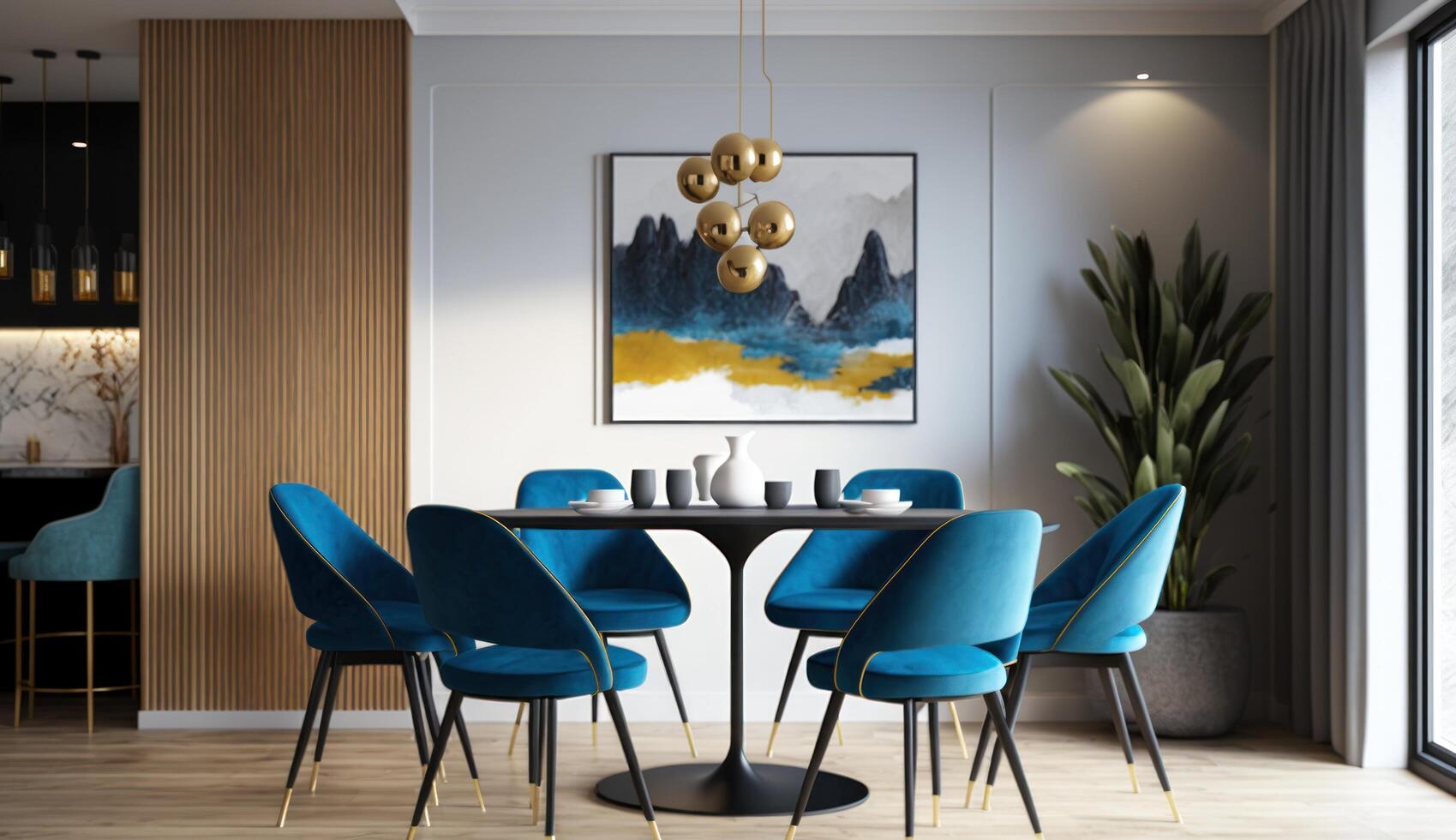 Modern interior of dinning room with blue chairs. Illustration photo