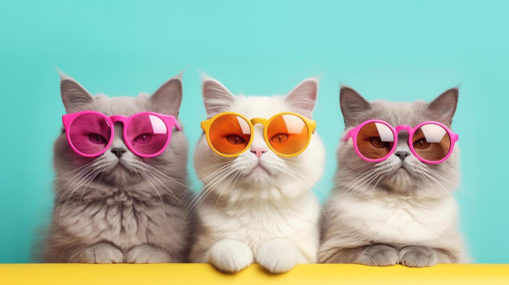 Tres frio gatos en Gafas de sol. ilustración ai generativo foto