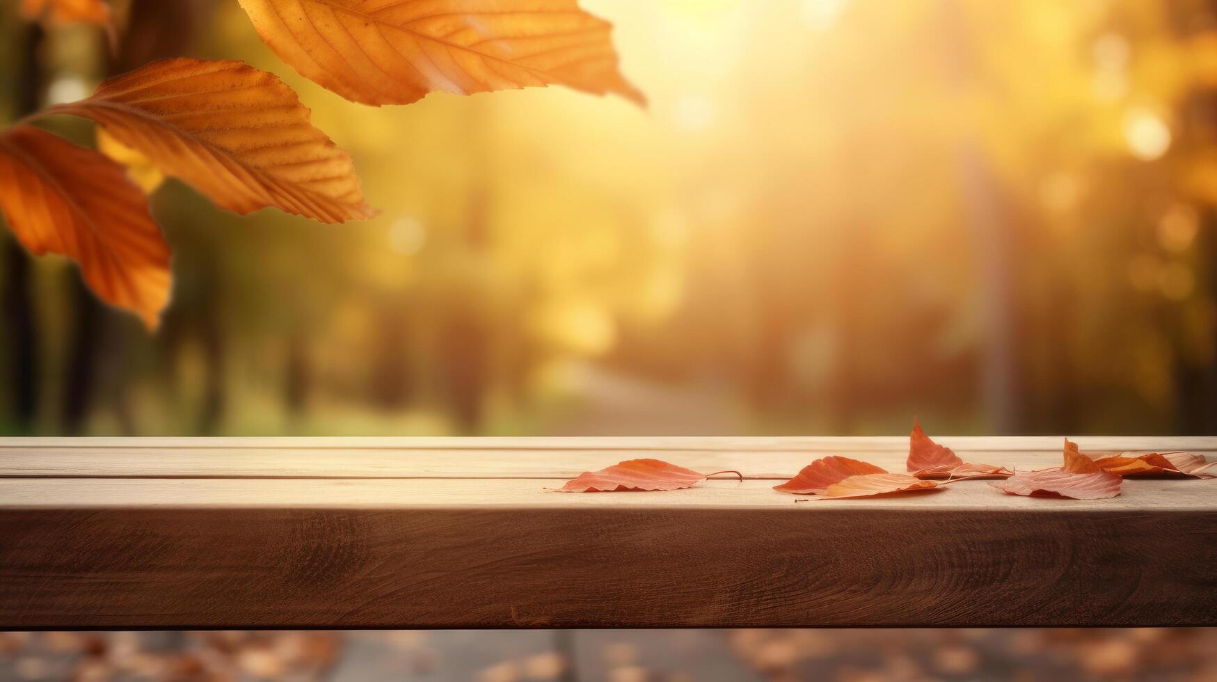 Wooden table with autumn background. Illustration photo