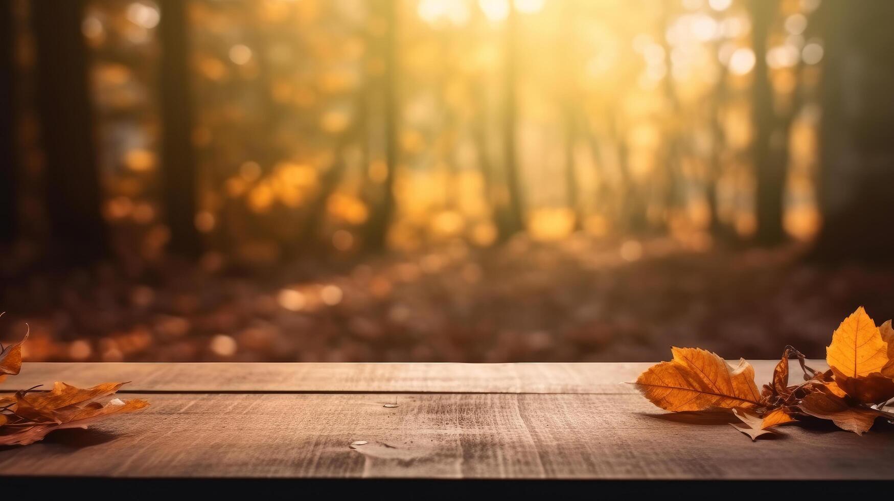 Wooden table with autumn background. Illustration photo