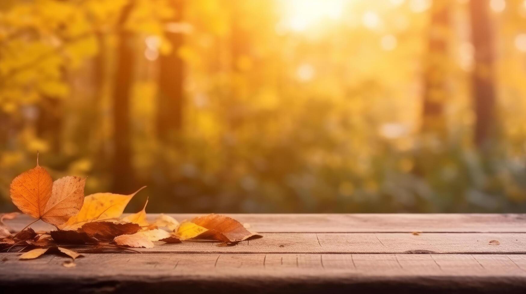 Wooden table with autumn background. Illustration photo