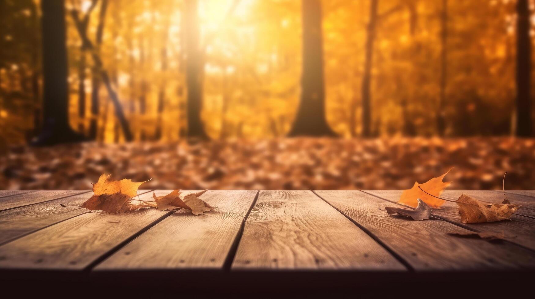Wooden table with autumn background. Illustration photo
