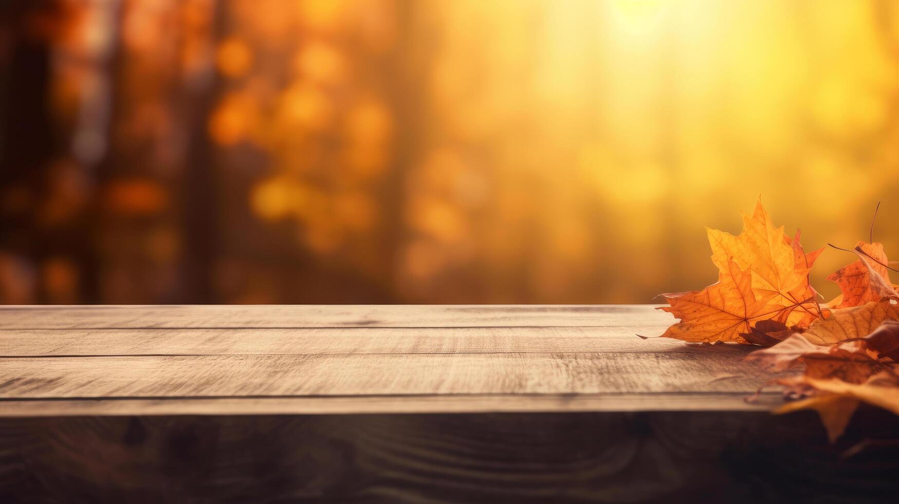 Wooden table with autumn background. Illustration photo
