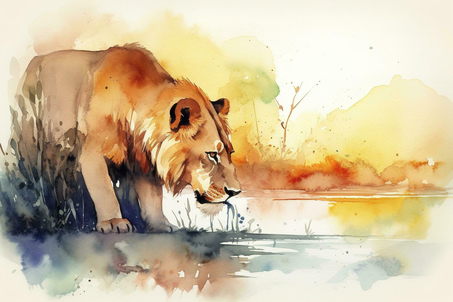 un león Bebiendo desde un río a puesta de sol acuarela cuadro, hermosa natural formularios, crujiente limpiar formas, vistoso, blanco antecedentes , generar ai foto