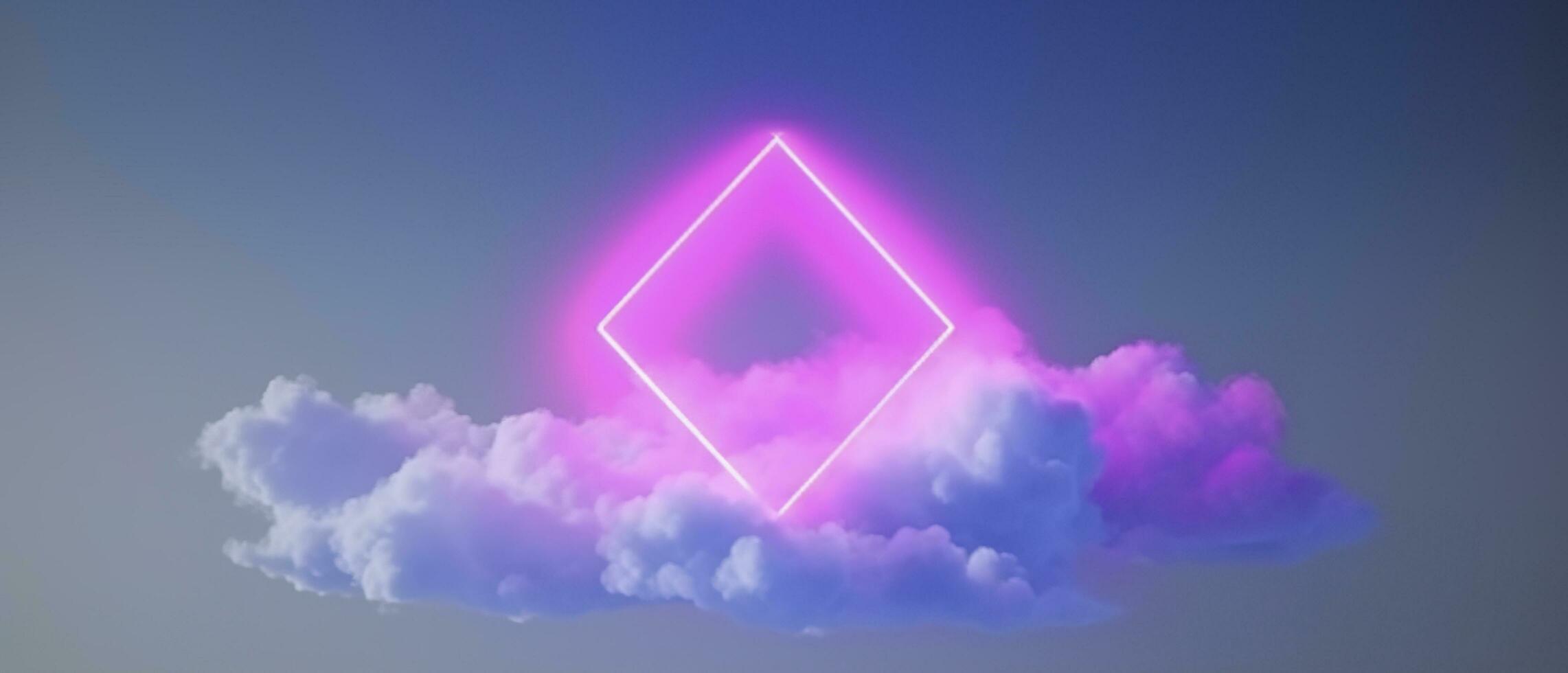3d render, abstract minimal background with pink blue yellow neon light square frame with copy space, illuminated stormy clouds, glowing geometric shape, generate ai photo