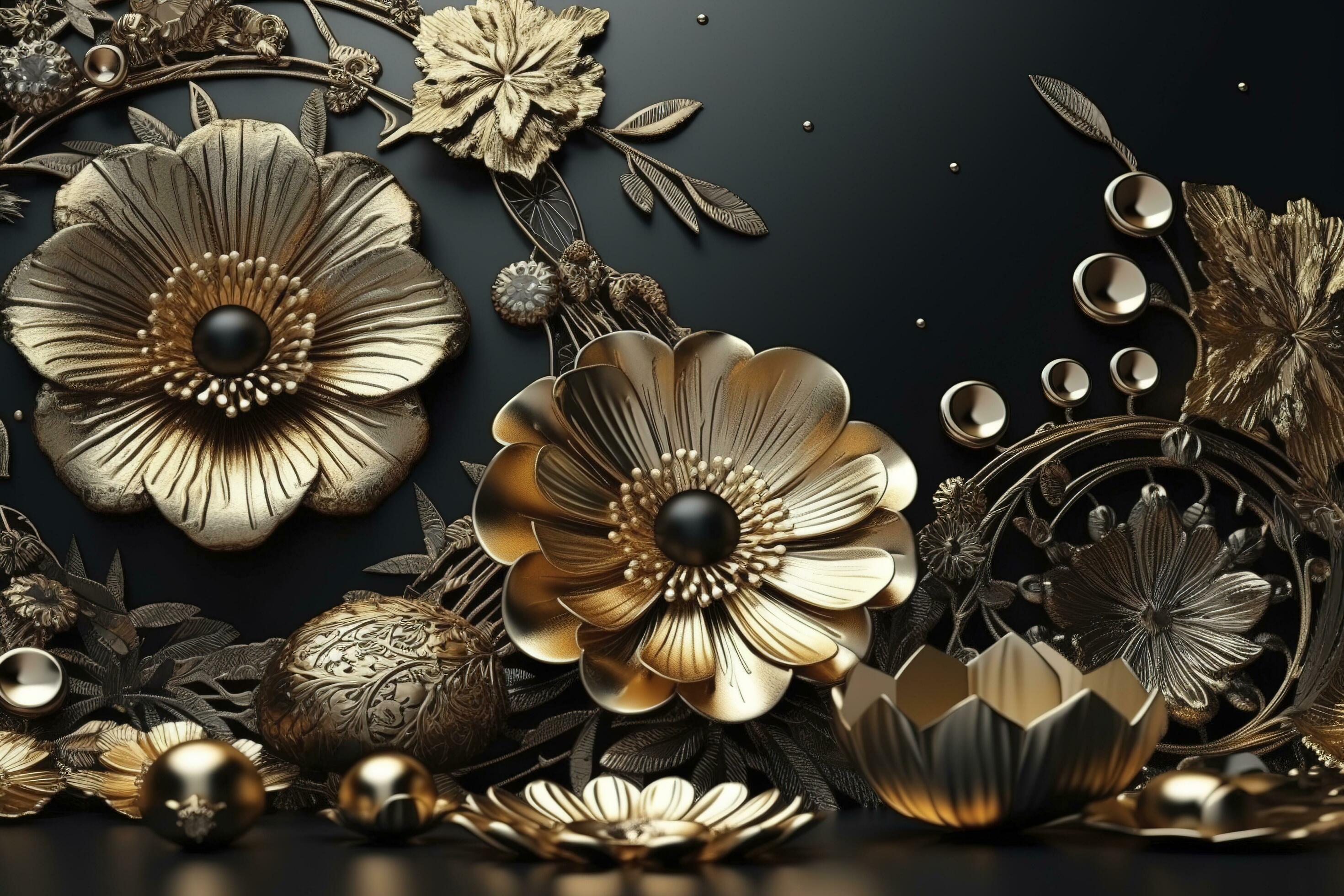 3d mural floral wallpaper. golden and black flowers and leaves. 3d render  background wall decor, generate ai 24472895 Stock Photo at Vecteezy