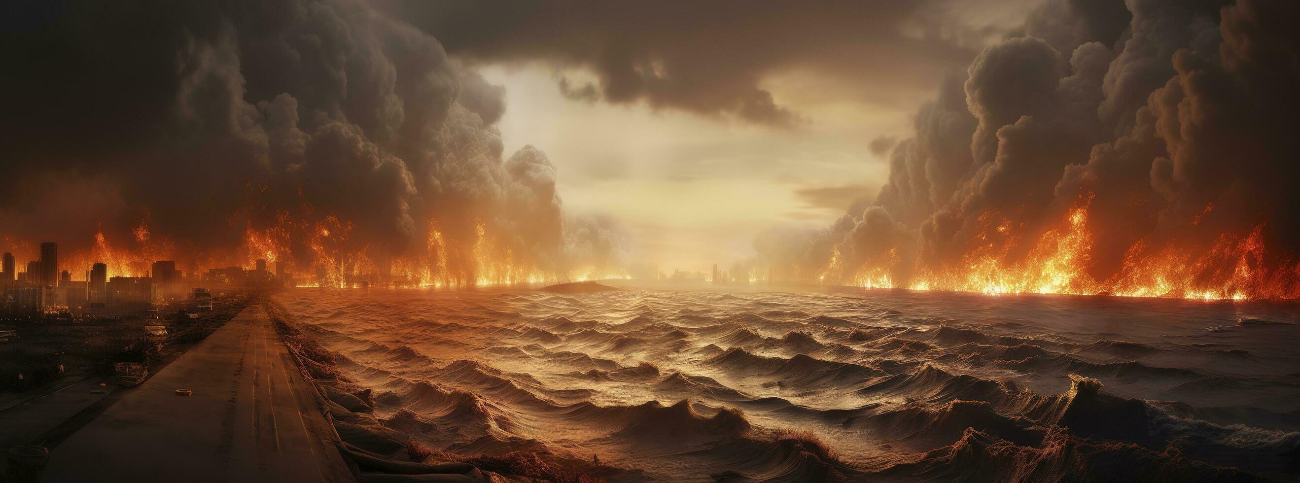 Post apocalypse. Nuclear apocalypse survivor. Ruined Cityscape. Concept. Banner size. Header, A nuclear explosion in the center of the metropolis. The beginning of apocalyptic, generate ai photo