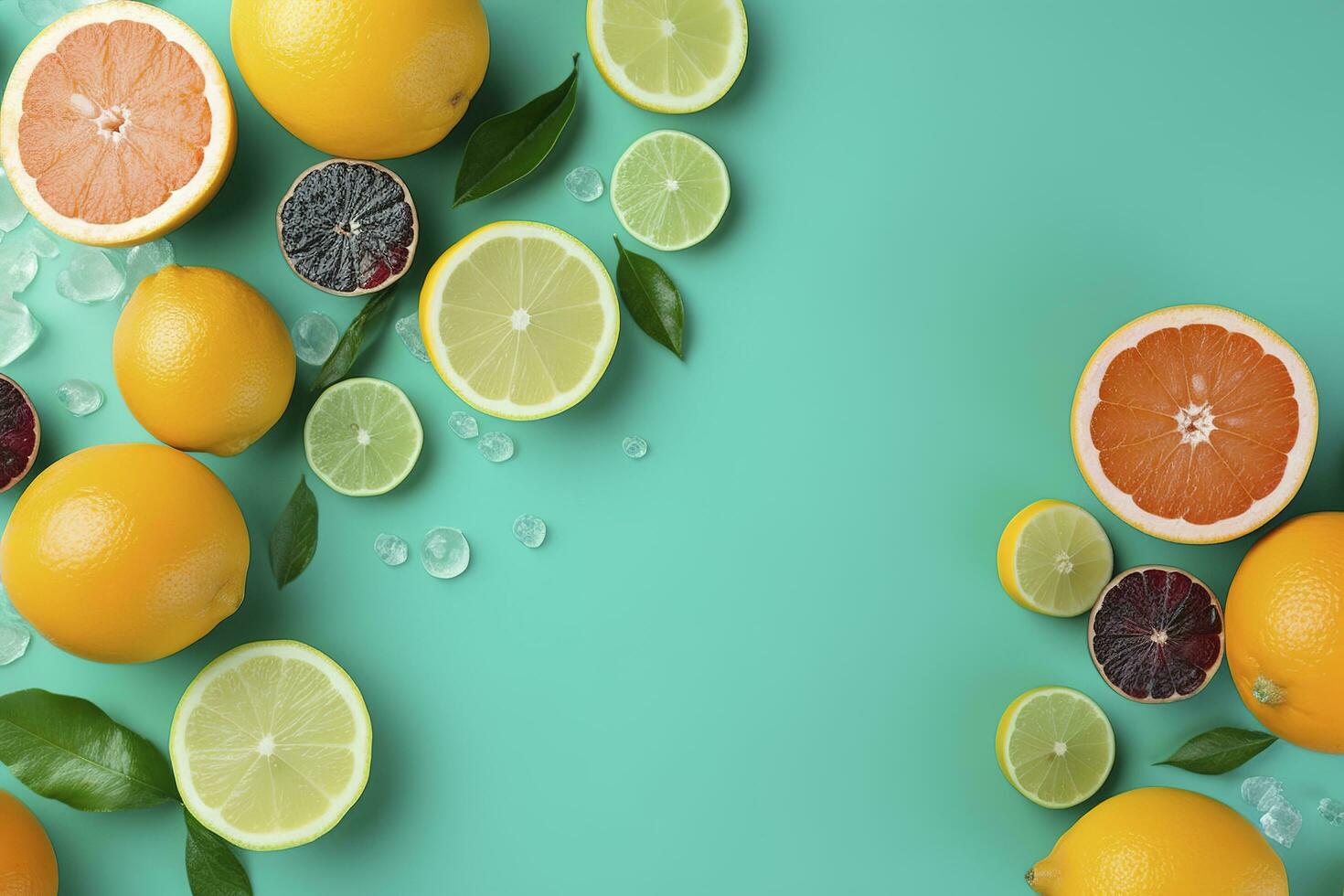 Citrus paradise concept. Top view of juicy oranges, lemons, limes and grapefruits on turquoise background with empty space for promotional text, generate ai photo