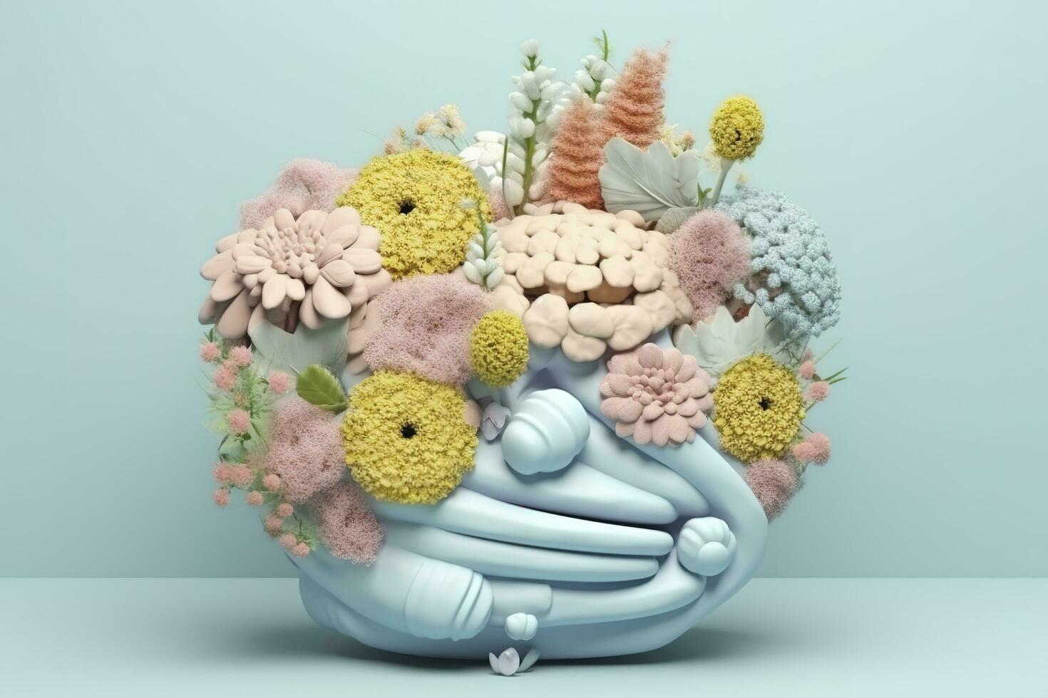 Human Stomach with flowers, pastel colors, on blue background, 3d render and illustration, generate ai photo