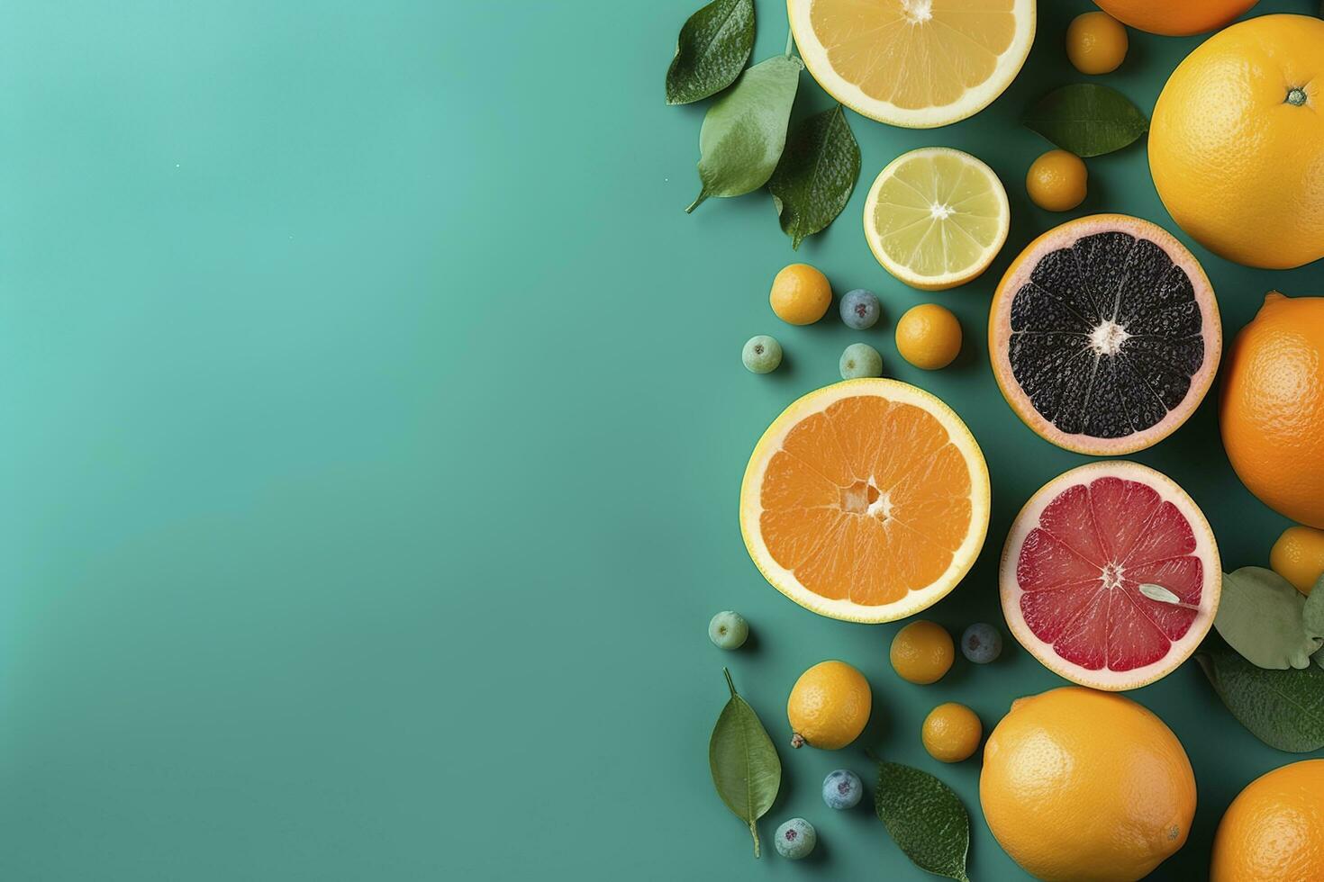 Citrus paradise concept. Top view of juicy oranges, lemons, limes and grapefruits on turquoise background with empty space for promotional text, generate ai photo