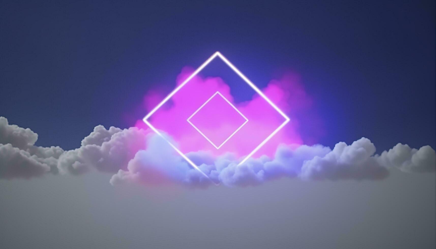 3d render, abstract minimal background with pink blue yellow neon light square frame with copy space, illuminated stormy clouds, glowing geometric shape, generate ai photo