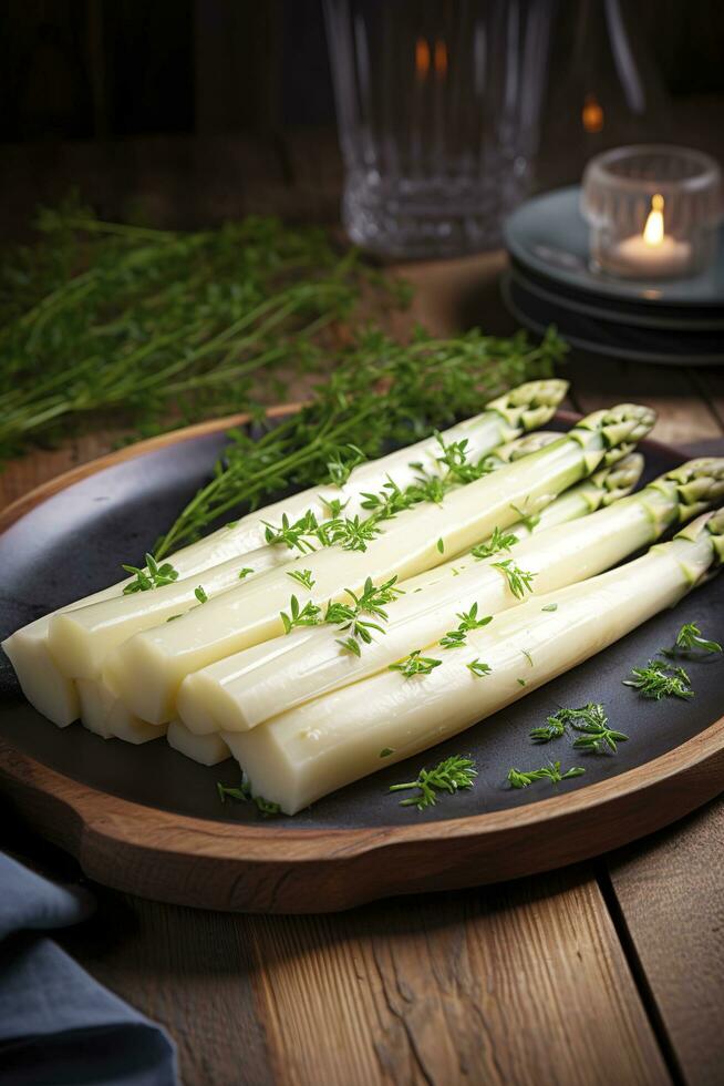 Modern style traditionally steamed white asparagus with butter sauce and cress served close-up on a Nordic design plate, generate ai photo