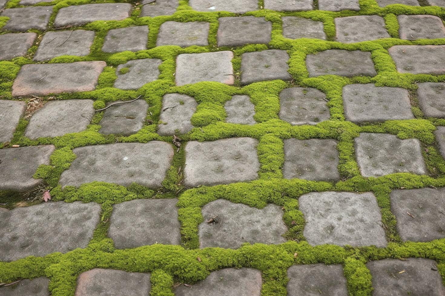 Cobblestoned pavement, green moss between brick background. Old stone pavement texture. Cobbles closeup with green grass in the seams. Stone paved walkway in old town photo