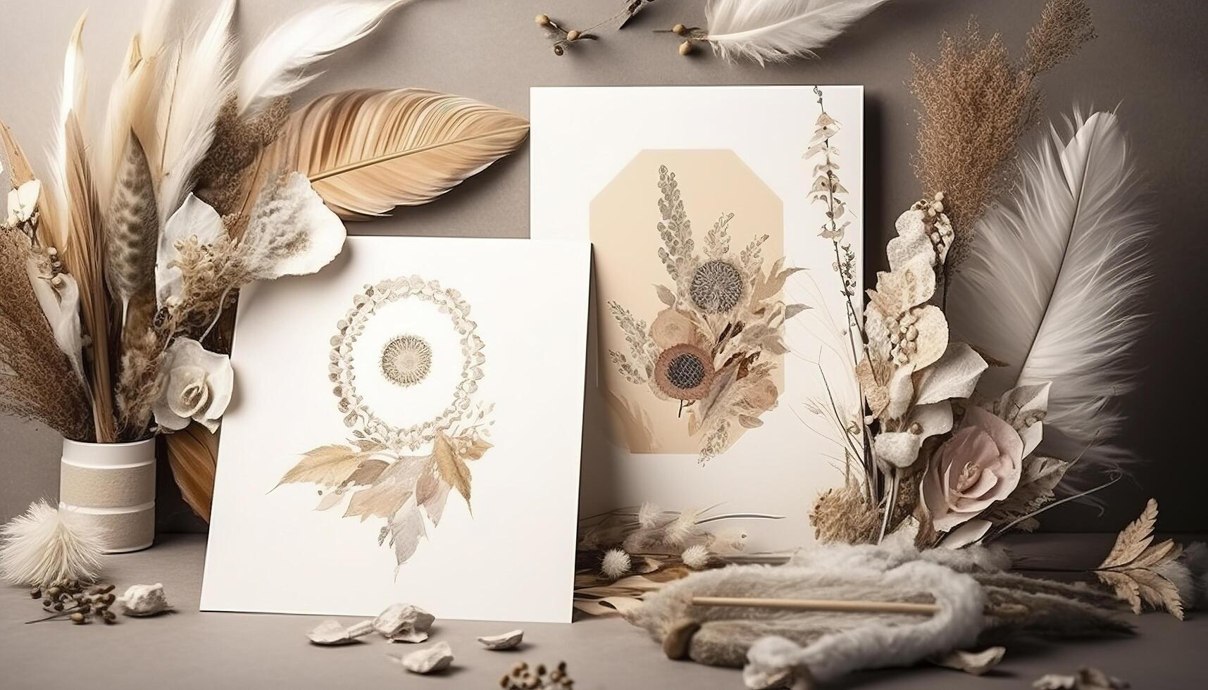 Empty template in boho style greeting cards, greeting or wedding card mockup with dried flowers. image photo