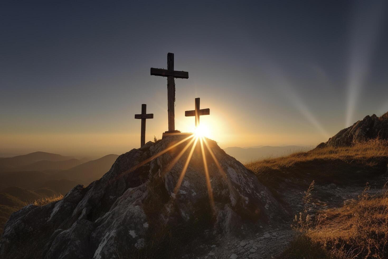 Tres cruzar en el montaña con Dom luz, creencia, fe y espiritualidad, crucifixión y Resurrección de Jesús Cristo a Pascua de Resurrección, generativo ai foto