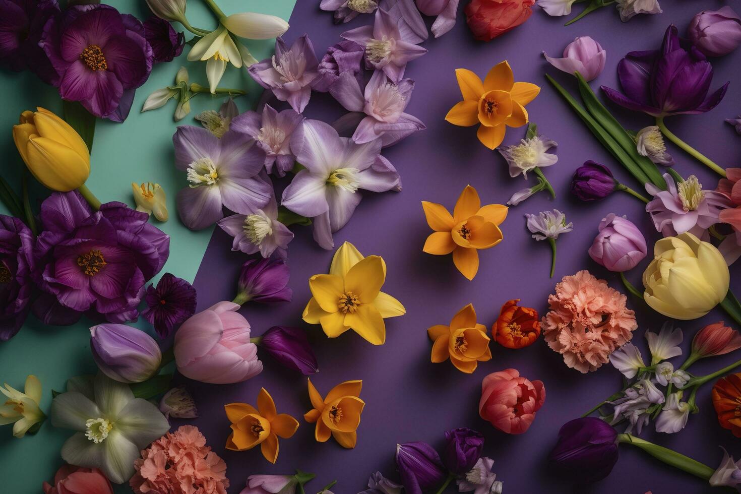 multicolored spring flowers on purple background , generate ai photo