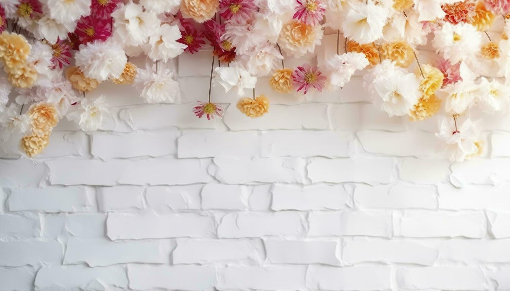 Flower texture background for wedding scene. Flowers on white brick wall with free space for text. Wedding or party decoration. Floral arrangement, floristics setting, generate ai photo