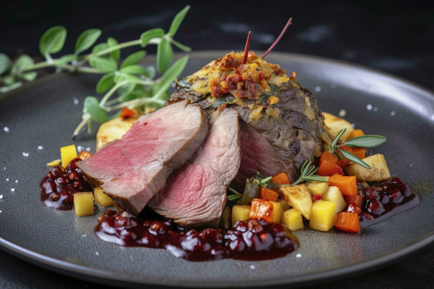 Traditional roasted Italian panettone tagliata di manzo with sliced beef steak and vegetables served close-up on a Nordic design plate, generate ai photo