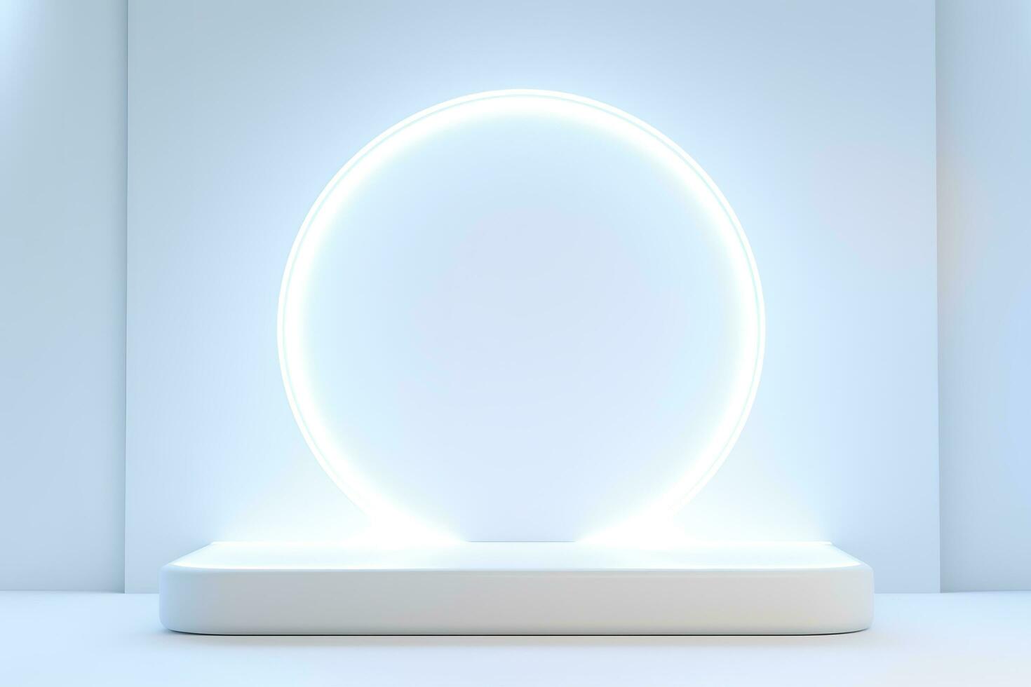 Abstract 3D silver cylinder pedestal podium floating on air with glowing neon ring background. Silver wall scene for product display presentation. rendering geometric platform, generate ai photo