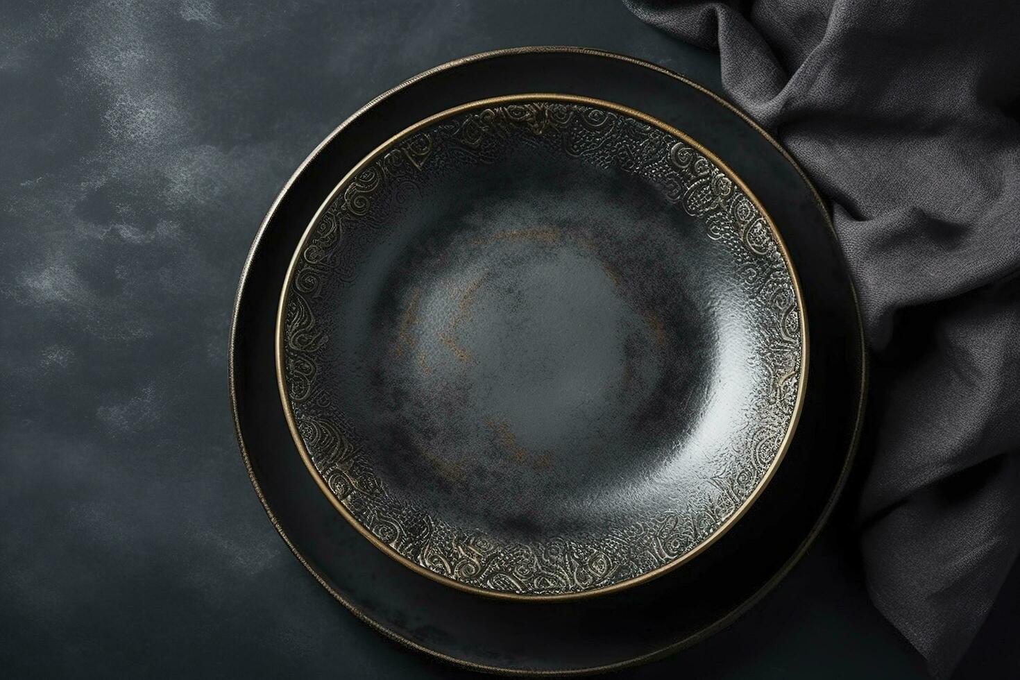 Black craft plate on dark stone table. Top view, copy space, Table setting. background for menu, layout, place for text , recipe background, food flat lay background, generate ai photo