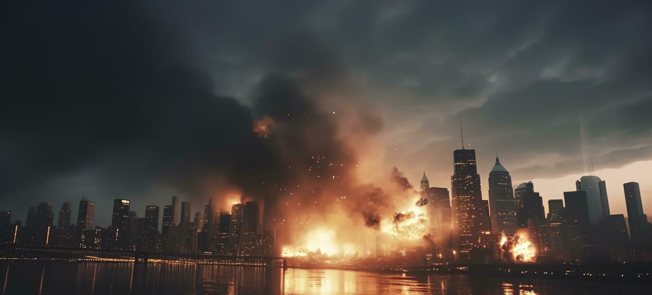 Post apocalypse. Nuclear apocalypse survivor. Ruined Cityscape. Concept. Banner size. Header, A nuclear explosion in the center of the metropolis. The beginning of apocalyptic, generate ai photo