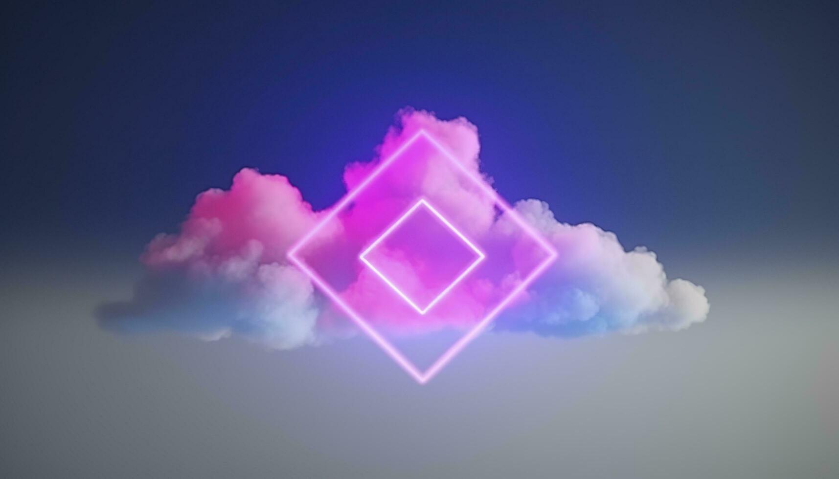 3d render, abstract minimal background with pink blue yellow neon light square frame with copy space, illuminated stormy clouds, glowing geometric shape, generate ai photo