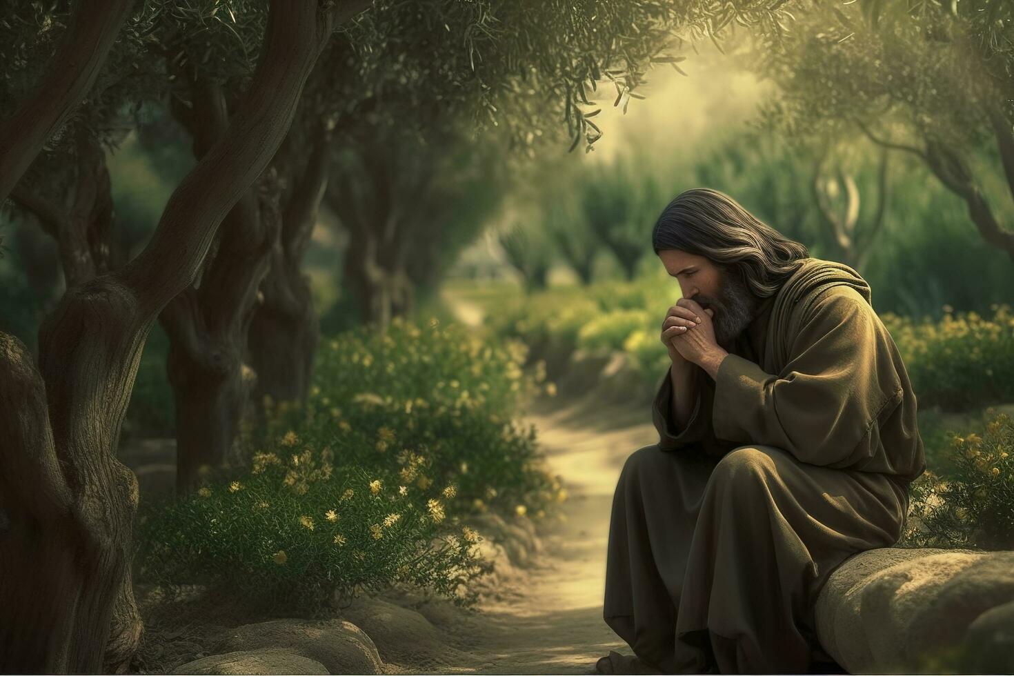 Jesus Christ praying in the garden of olive. AI generativ. photo