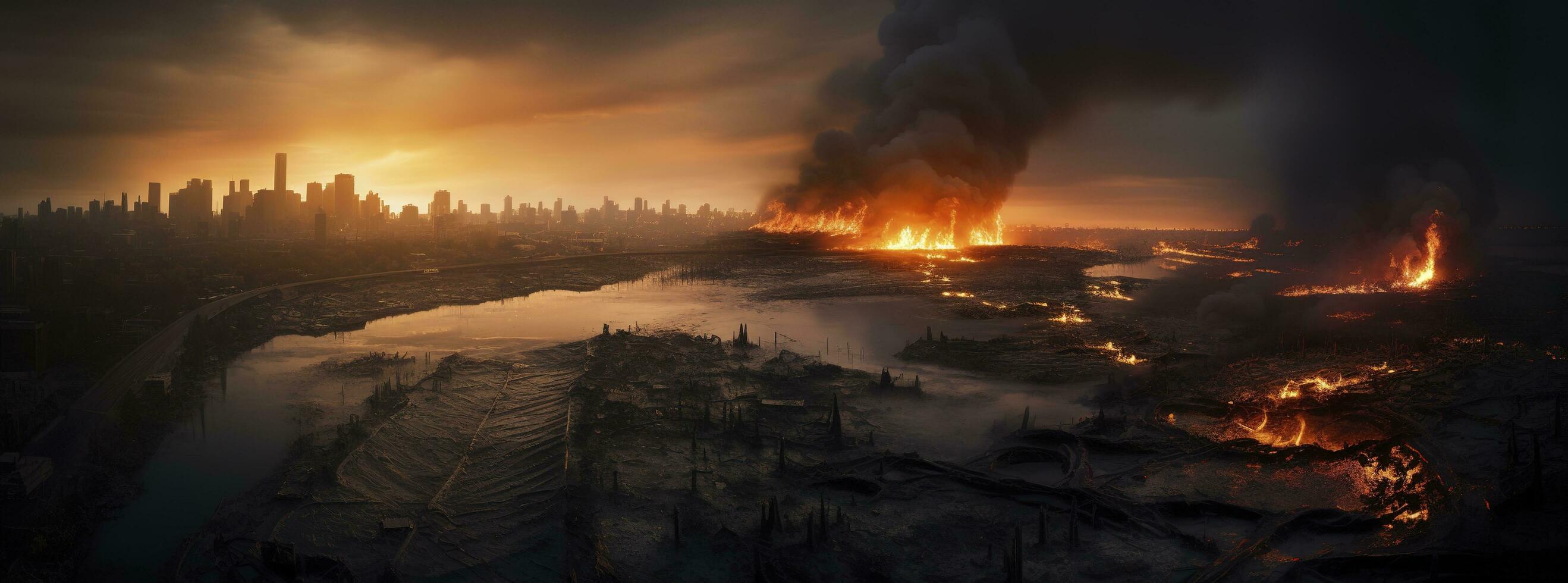 Post apocalypse. Nuclear apocalypse survivor. Ruined Cityscape. Concept. Banner size. Header, A nuclear explosion in the center of the metropolis. The beginning of apocalyptic, generate ai photo