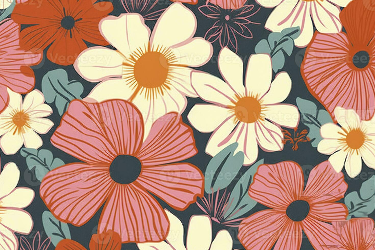 Retro floral seamless pattern. Groovy Daisy Flower , generate ai photo