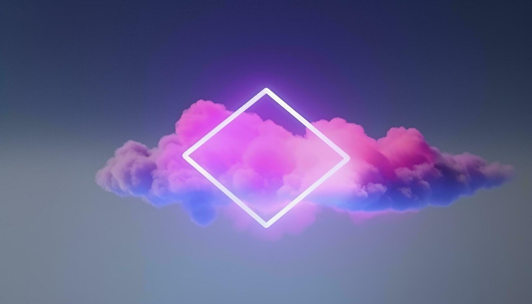 3d render, abstract minimal background with pink blue yellow neon light square frame with copy space, illuminated stormy clouds, glowing geometric shape, generate ai photo