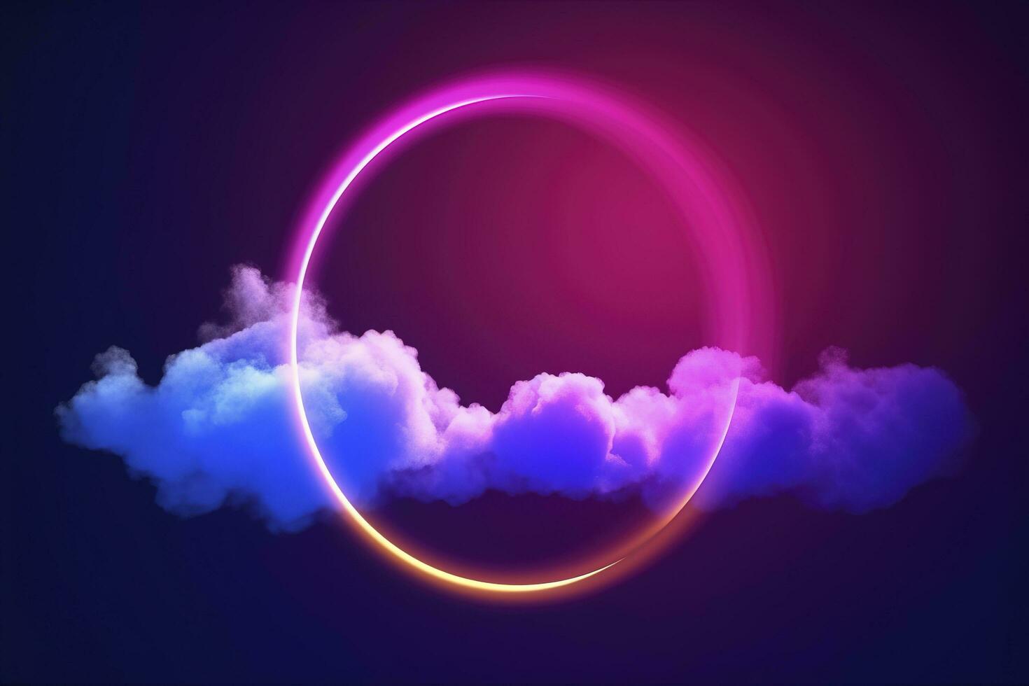 3d render, abstract cloud illuminated with neon light ring on dark night sky. Glowing geometric shape, round frame, generate ai photo