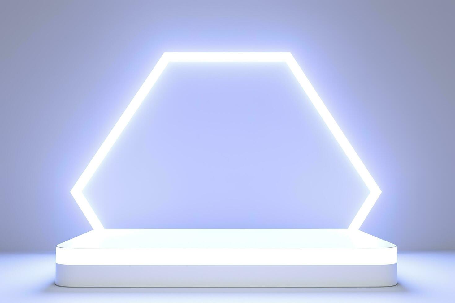 Realistic podium display with neon white lights, Product display background with light frame, White prodium product display with light effect, neon lights background, generate ai photo