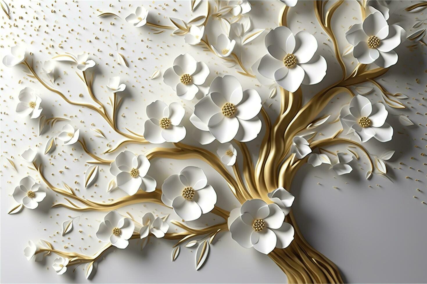 3d wallpaper floral tree background with white flower leaves and golden stem. interior wall home decor, generate ai photo