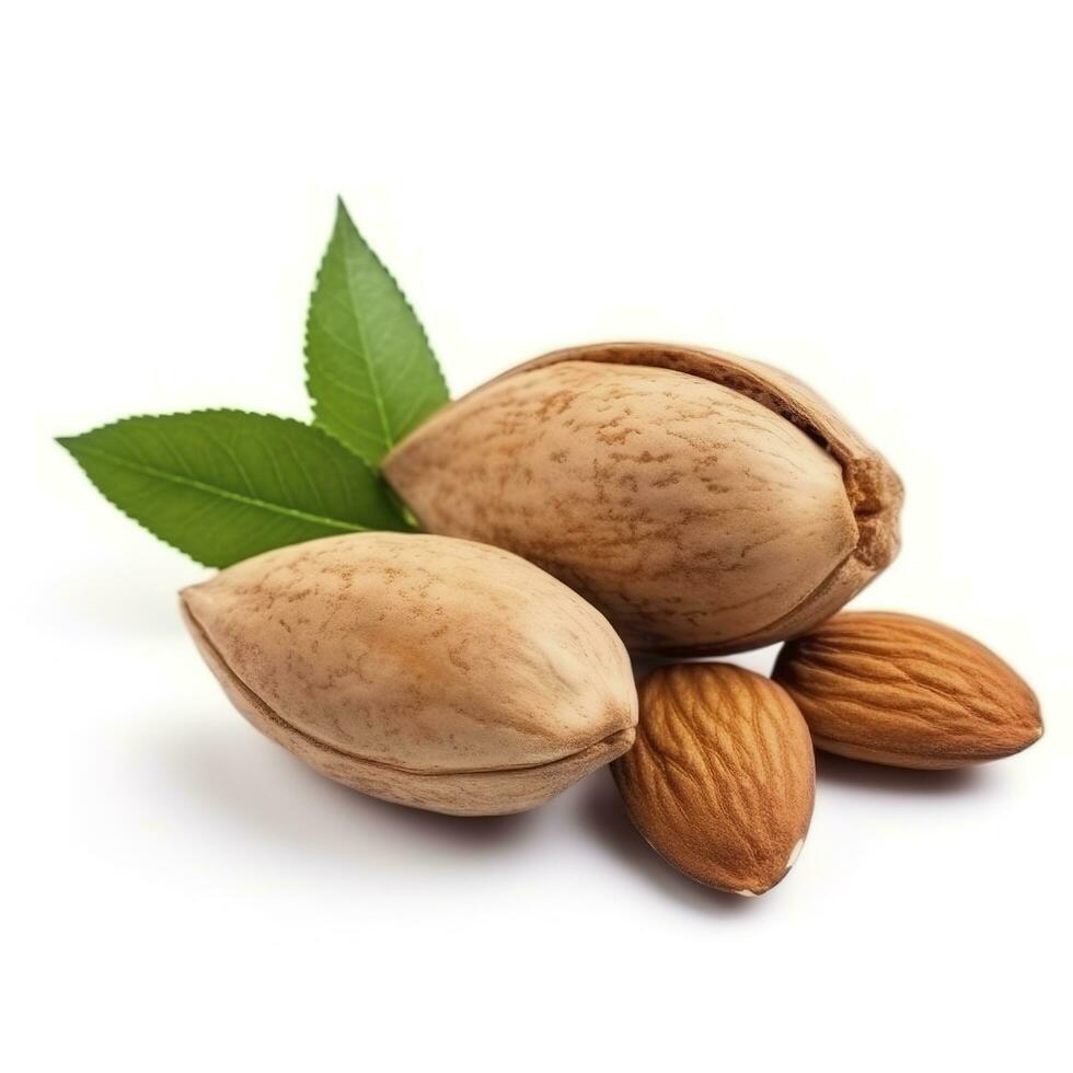 Flay lay of Almond oil with almond nuts isolate on white background, generate ai photo