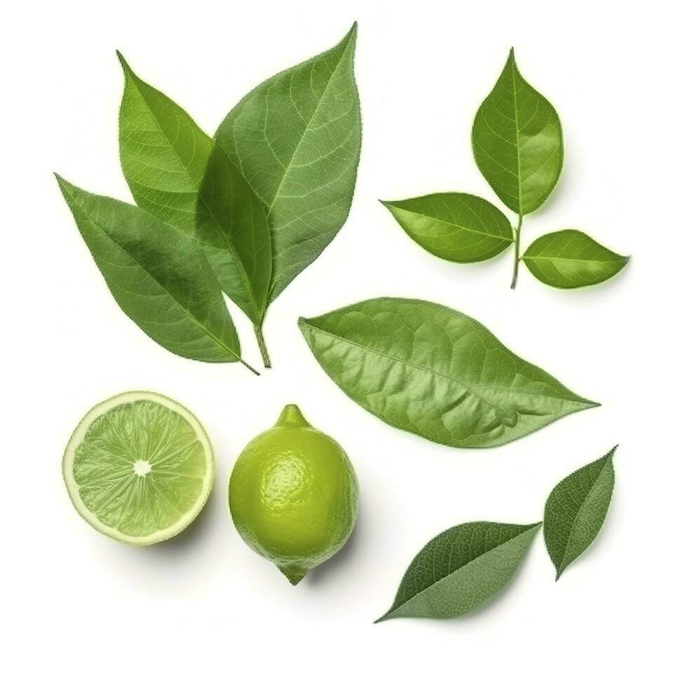 Fresh lemon with green leaves isolated on white background, generate ai photo