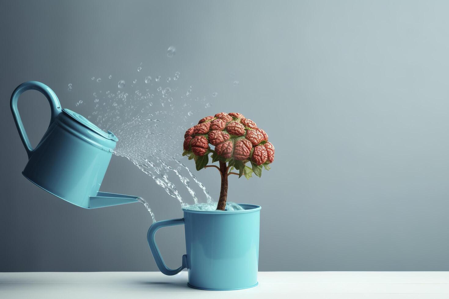 Human brain growing from a flower, watering can is pouring water on the mind, mental health concept, positive attitude, creative thinking, photo