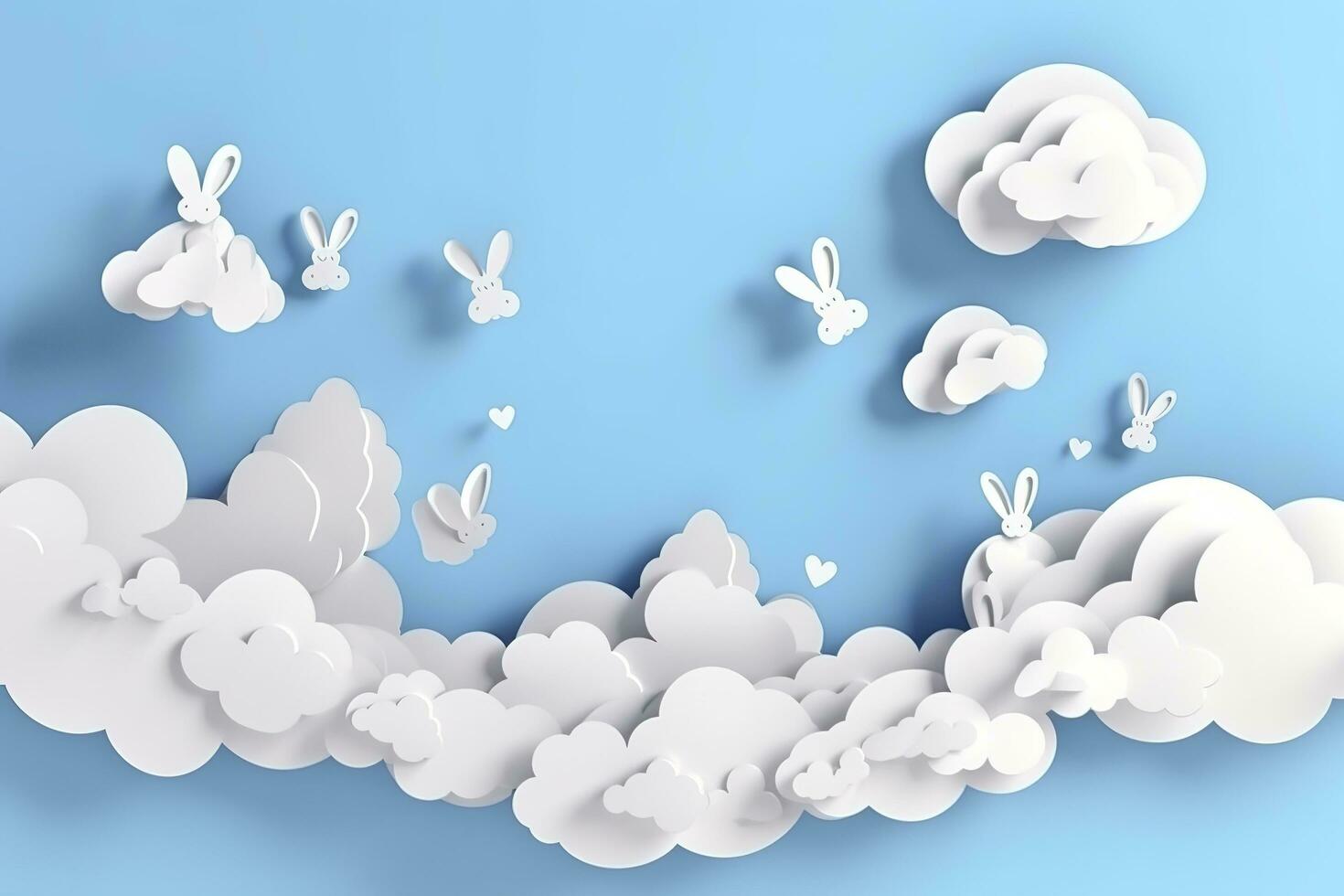 Horizontal banner with paper cut clouds, rabbit, eggs, and hearts, blue sky background, paper cut craft art. A place for text. Happy Easter Day sale concept, template with square frame, generate ai photo