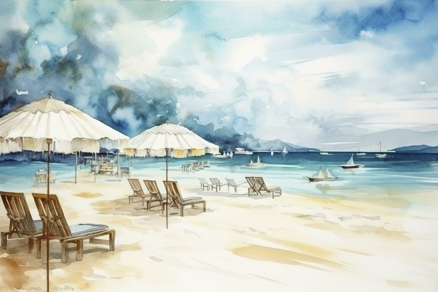 Beautiful beach banner. White sand, chairs, and umbrella travel tourism wide panorama background concept. Amazing beach watercolor landscape watercolor painting, generate ai photo